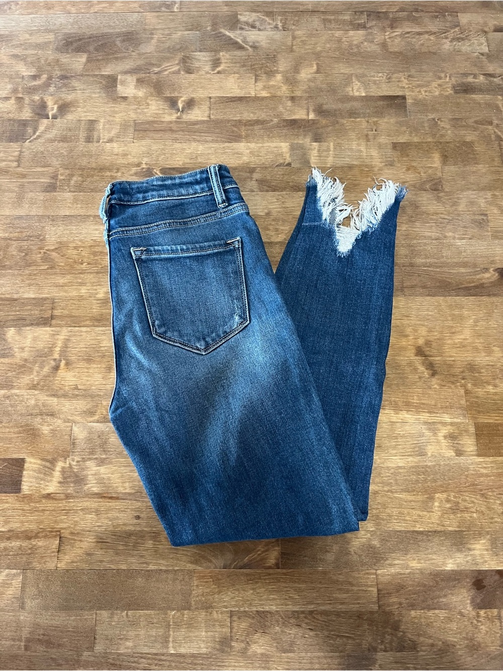KanCan Dark Blue Distressed Ankle Jeans with Frayed Hem
